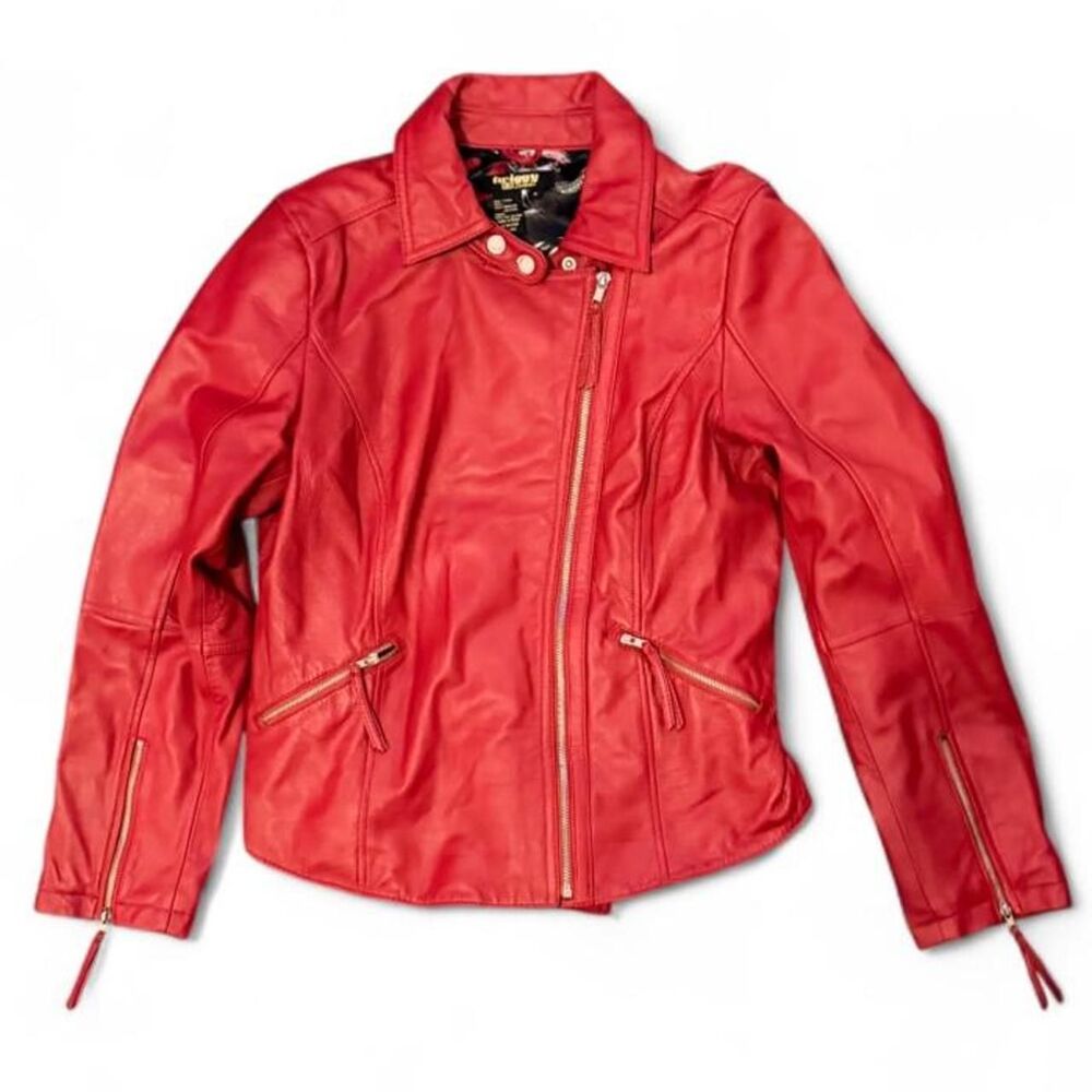 Twiggy London Red Genuine Leather Moto Motorcycle Biker Jacket Women’s M
